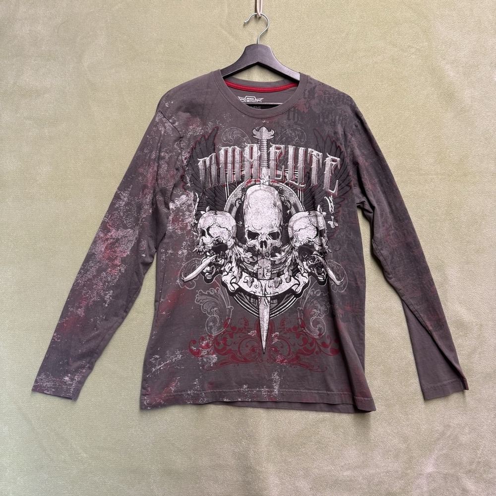 MMA Elite Shirt Men's Med Skull Skeleton Long Sleeve Y2K Great Condition